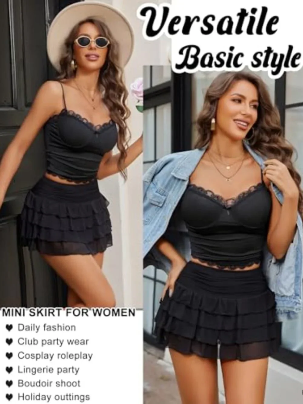 Women's Mesh Flowy Ruffle Tiered Mini Skirt Y2K A-Line Ruched Elastic Waist